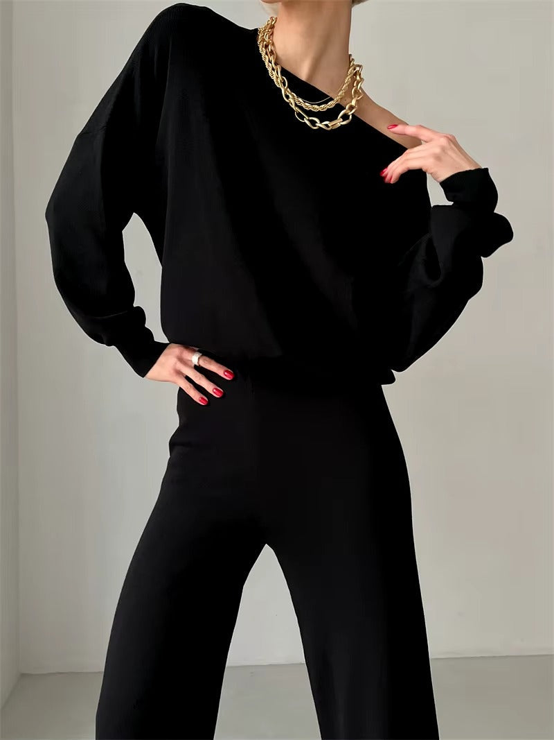 Casual Knitted Top And Elastic Waist Pants Two Piece Sets Mssza