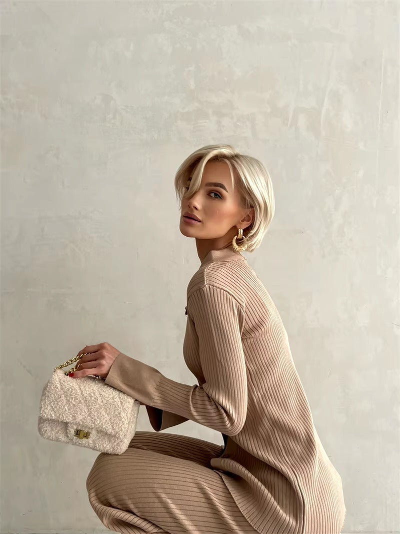 Casual Knitted Top And Elastic Waist Pants Two Piece Sets Mssza