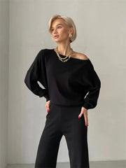 Casual Knitted Top And Elastic Waist Pants Two Piece Sets Mssza