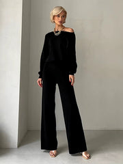 Casual Knitted Top And Elastic Waist Pants Two Piece Sets Mssza