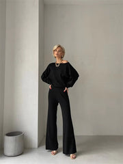 Casual Knitted Top And Elastic Waist Pants Two Piece Sets Mssza