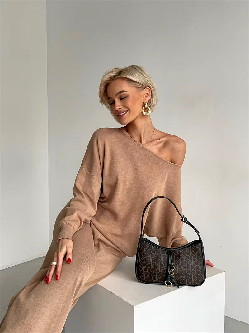 Casual Knitted Top And Elastic Waist Pants Two Piece Sets Mssza