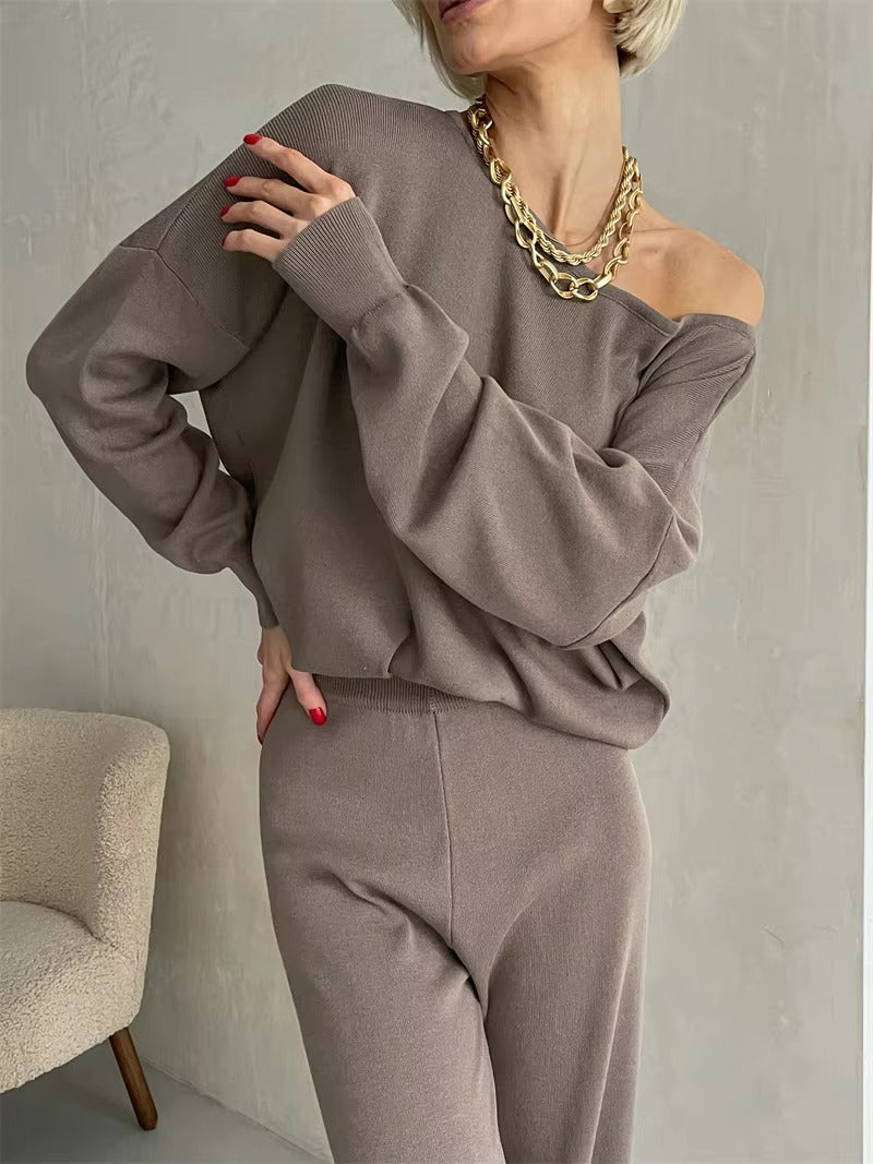 Casual Knitted Top And Elastic Waist Pants Two Piece Sets Mssza