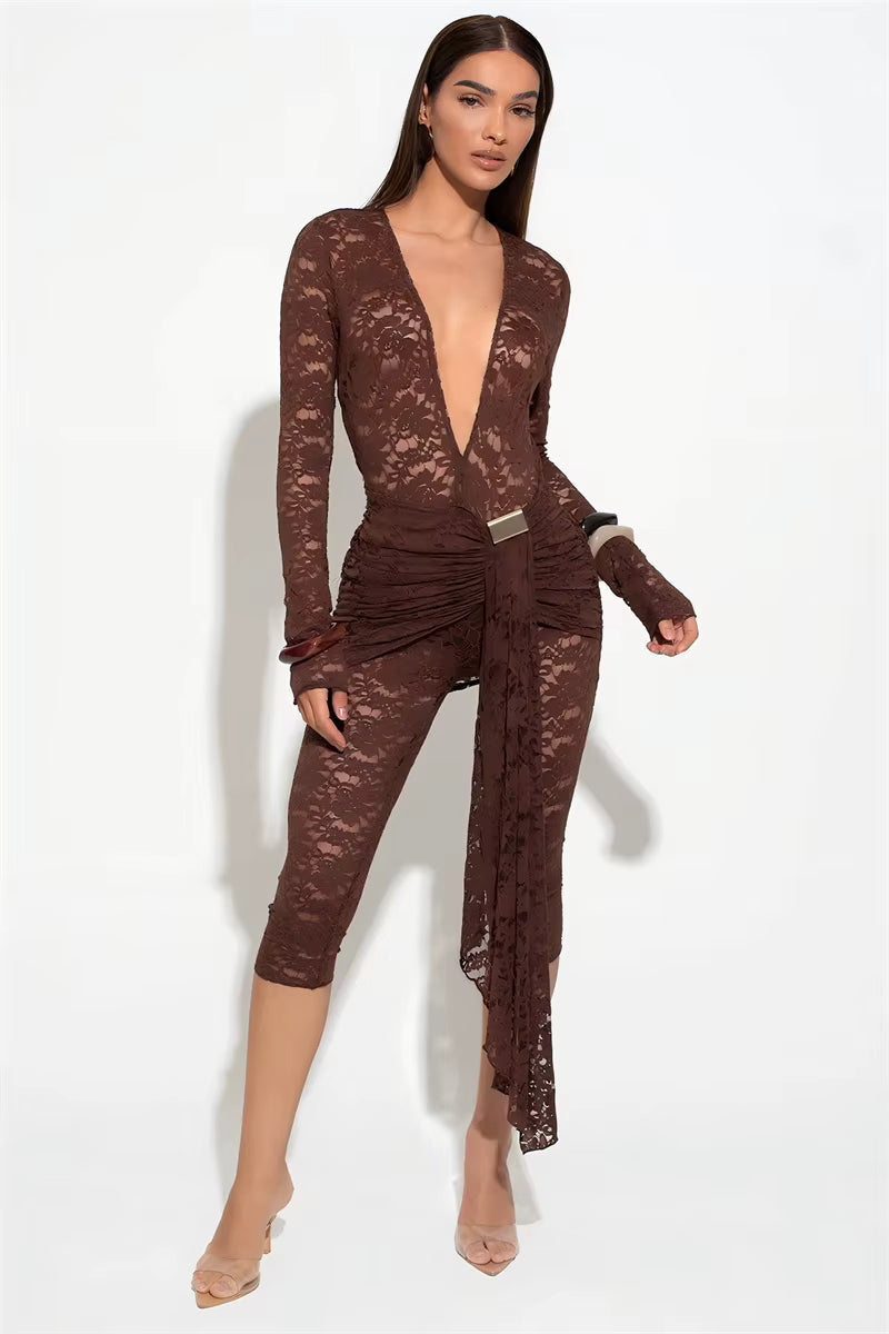 Casual Lace Draped Ruched Hollow Out Deep V Neck Long Sleeve Playsuits Romper Mssza