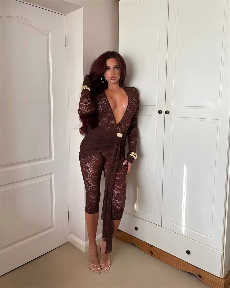 Casual Lace Draped Ruched Hollow Out Deep V Neck Long Sleeve Playsuits Romper Mssza