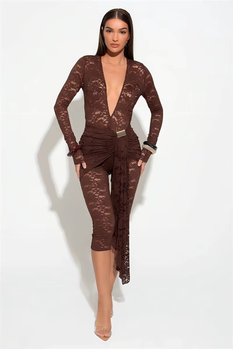 Casual Lace Draped Ruched Hollow Out Deep V Neck Long Sleeve Playsuits Romper Mssza