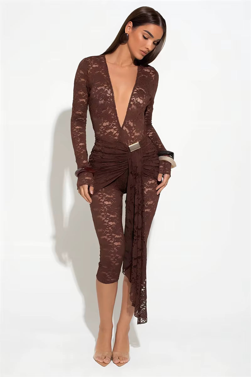 Casual Lace Draped Ruched Hollow Out Deep V Neck Long Sleeve Playsuits Romper Mssza
