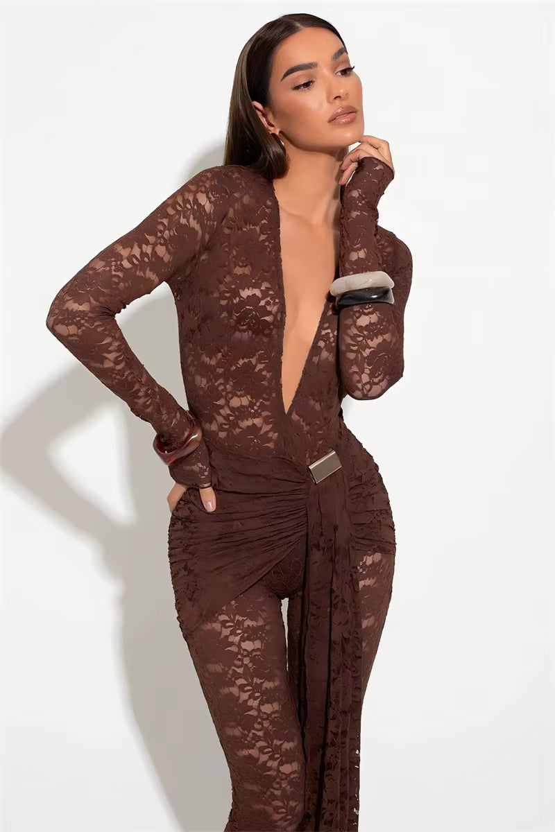 Casual Lace Draped Ruched Hollow Out Deep V Neck Long Sleeve Playsuits Romper Mssza