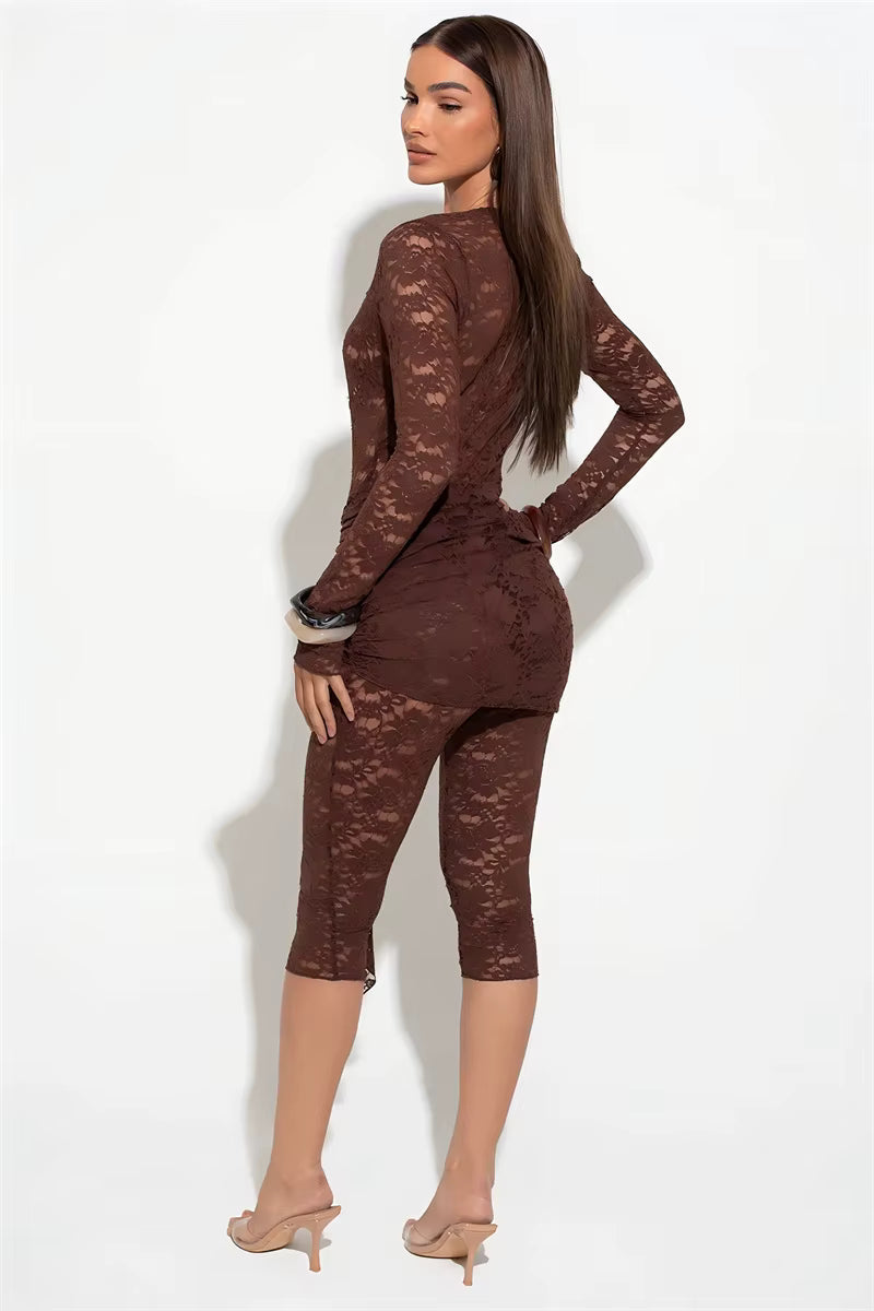 Casual Lace Draped Ruched Hollow Out Deep V Neck Long Sleeve Playsuits Romper Mssza