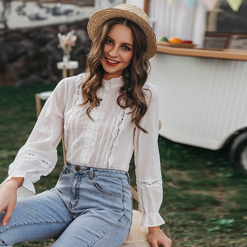 Casual Lace Long Sleeve Cotton Blouse Shirts Mssza