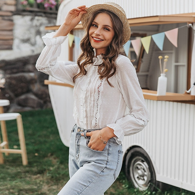 Casual Lace Long Sleeve Cotton Blouse Shirts Mssza