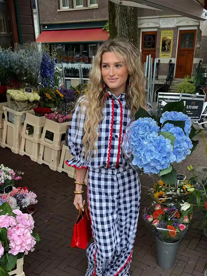 Casual Lace Plaid Lapel Single Breasted Half Sleeve Shirt And Pant 2 Piece Sets Mssza