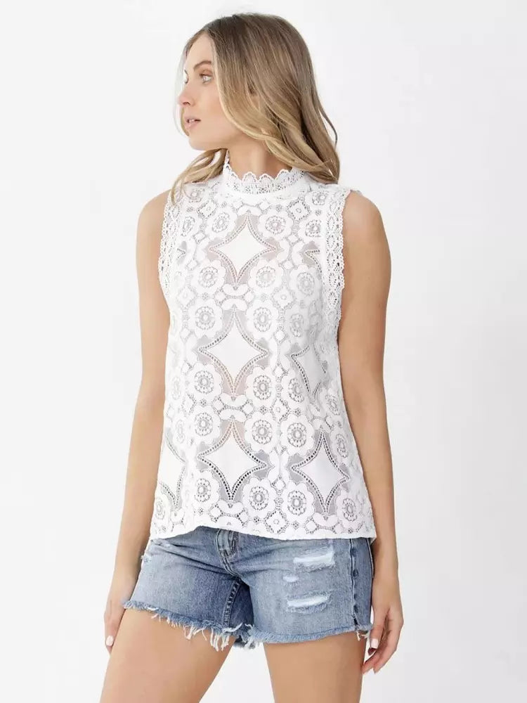 Casual Lace See-through Sleeveless Stand-up Collar Lace Shirt Mssza