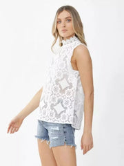 Casual Lace See-through Sleeveless Stand-up Collar Lace Shirt Mssza