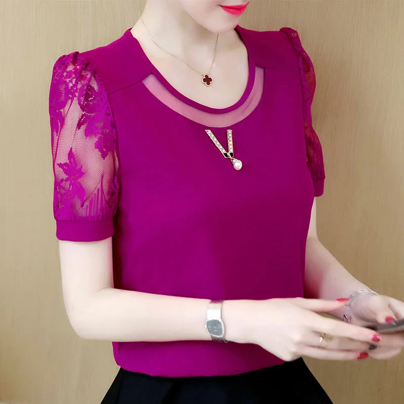 Casual Lace Short Sleeve O-Neck Chiffon Slight Stretch Blouses Shirts Mssza