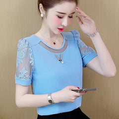 Casual Lace Short Sleeve O-Neck Chiffon Slight Stretch Blouses Shirts Mssza