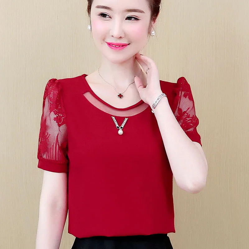 Casual Lace Short Sleeve O-Neck Chiffon Slight Stretch Blouses Shirts Mssza
