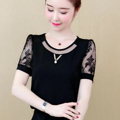 Casual Lace Short Sleeve O-Neck Chiffon Slight Stretch Blouses Shirts Mssza
