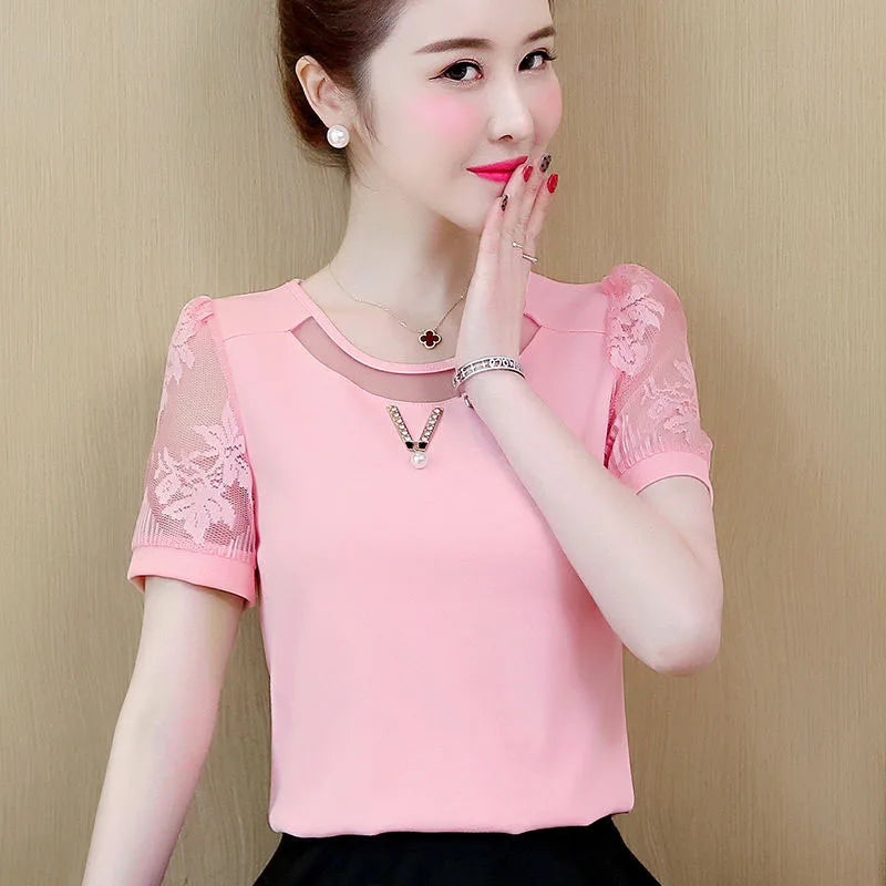 Casual Lace Short Sleeve O-Neck Chiffon Slight Stretch Blouses Shirts Mssza
