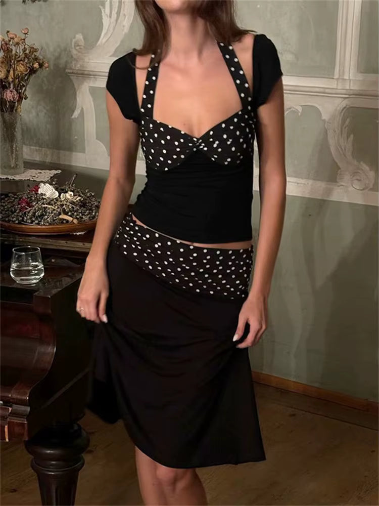 Casual Lace-Up Contrast Backless Cropped Top And High Waist Skirt 2 Piece-Set Mssza