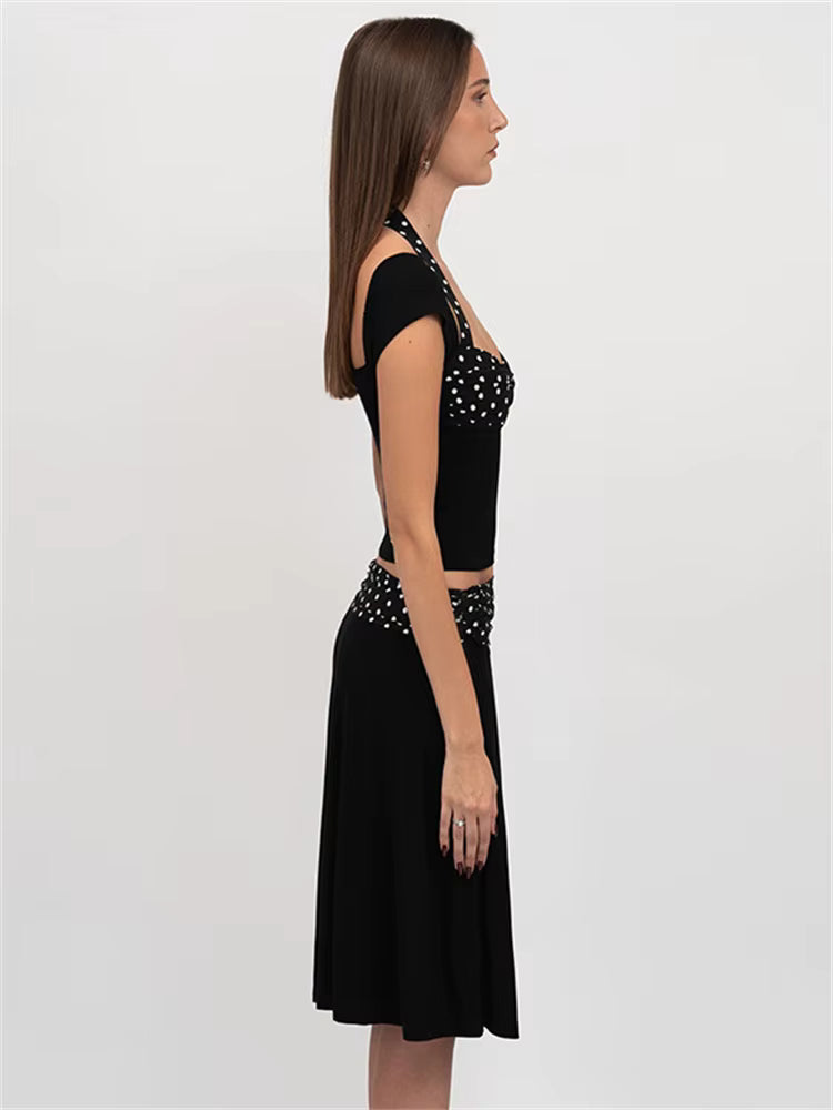 Casual Lace-Up Contrast Backless Cropped Top And High Waist Skirt 2 Piece-Set Mssza