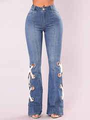 Casual Lace Up Raised Waist Denim Jeans Mssza