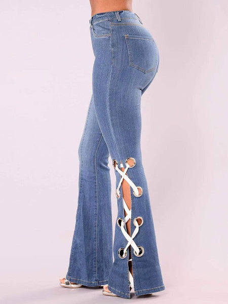 Casual Lace Up Raised Waist Denim Jeans Mssza