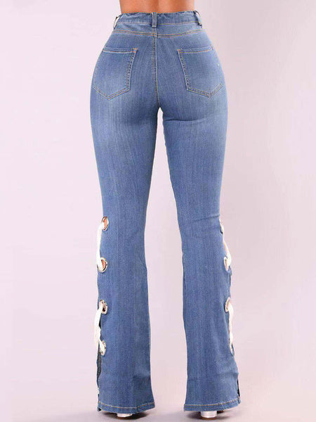 Casual Lace Up Raised Waist Denim Jeans Mssza