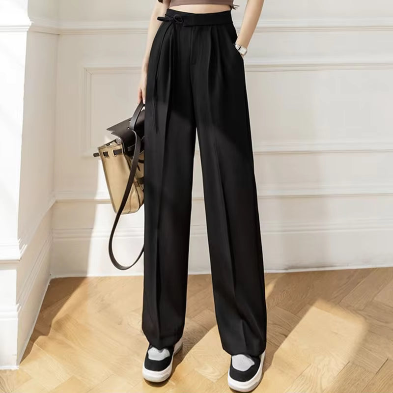 Casual Lace Up Straight Solid Color High Waisted Trousers Lady Chic Designer Leg Suit Pants Mssza