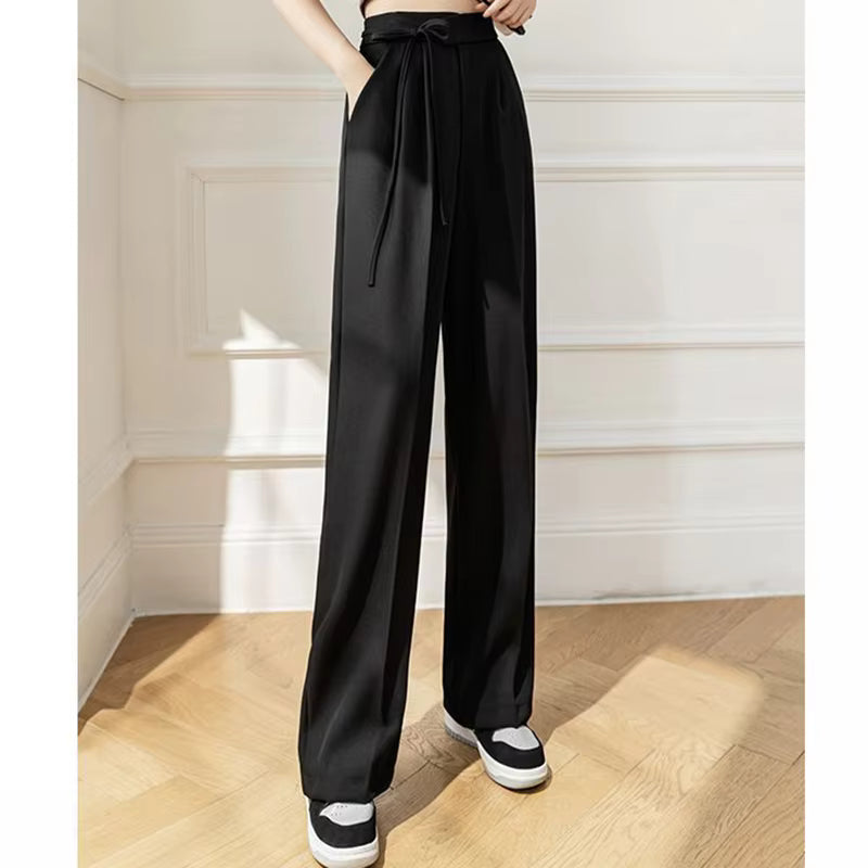 Casual Lace Up Straight Solid Color High Waisted Trousers Lady Chic Designer Leg Suit Pants Mssza