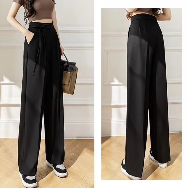 Casual Lace Up Straight Solid Color High Waisted Trousers Lady Chic Designer Leg Suit Pants Mssza