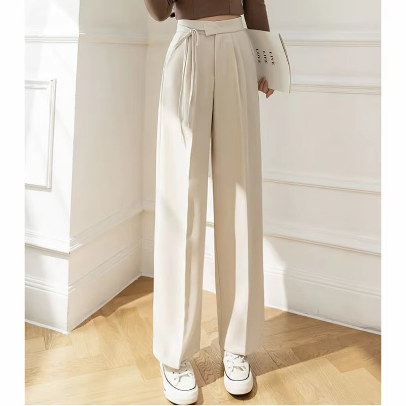 Casual Lace Up Straight Solid Color High Waisted Trousers Lady Chic Designer Leg Suit Pants Mssza