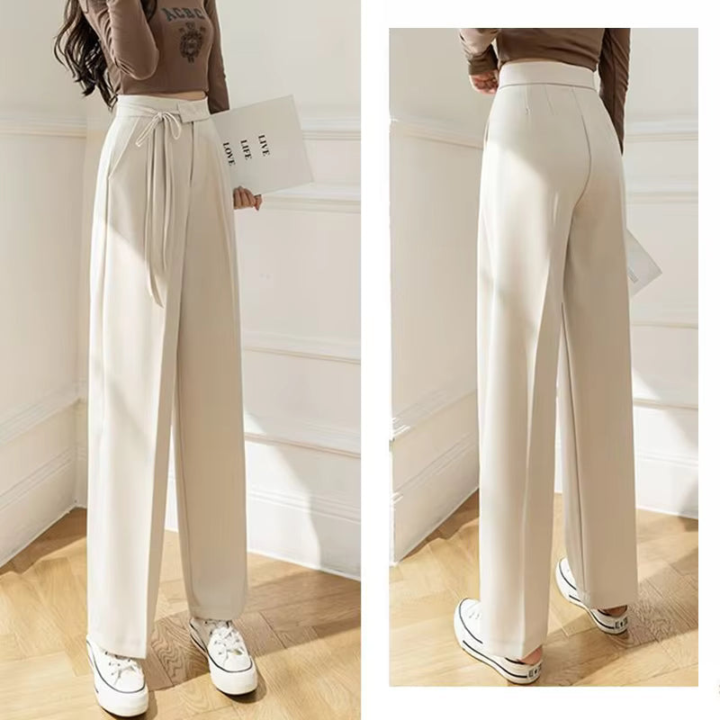 Casual Lace Up Straight Solid Color High Waisted Trousers Lady Chic Designer Leg Suit Pants Mssza