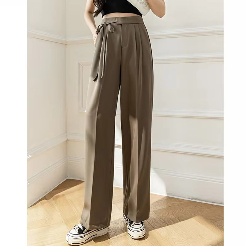 Casual Lace Up Straight Solid Color High Waisted Trousers Lady Chic Designer Leg Suit Pants Mssza