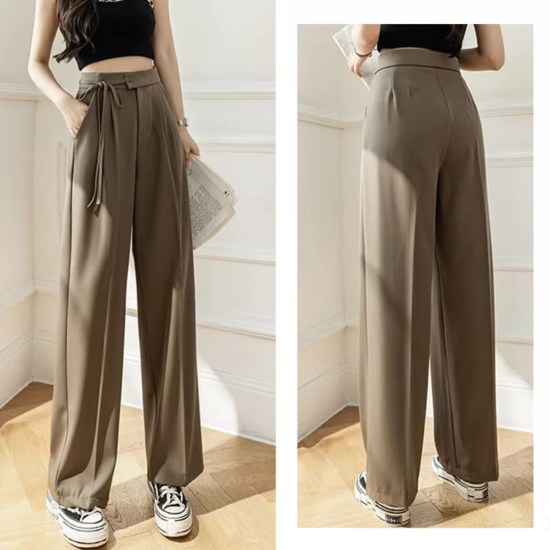 Casual Lace Up Straight Solid Color High Waisted Trousers Lady Chic Designer Leg Suit Pants Mssza