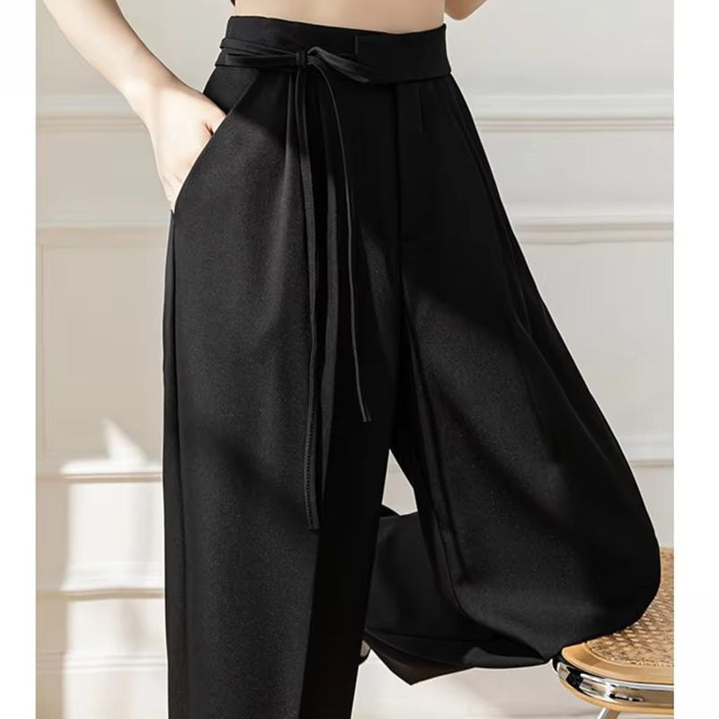 Casual Lace Up Straight Solid Color High Waisted Trousers Lady Chic Designer Leg Suit Pants Mssza
