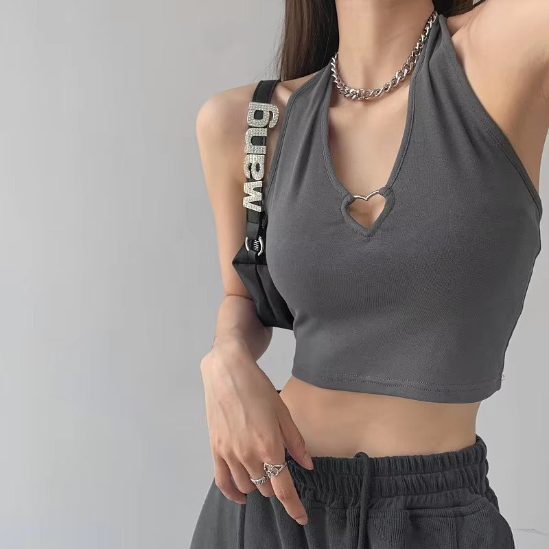 Casual Lace V Neck Hearted Hollow Out Halter Slim Crop Top Mssza