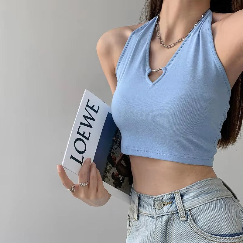 Casual Lace V Neck Hearted Hollow Out Halter Slim Crop Top Mssza