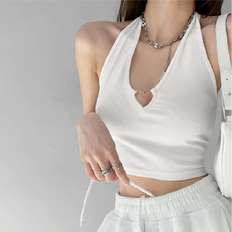 Casual Lace V Neck Hearted Hollow Out Halter Slim Crop Top Mssza