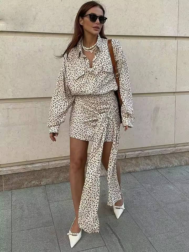 Casual Lapel Button Pockets Shirts And Lace-Up Slim Skirts 2 Piece Set Mssza