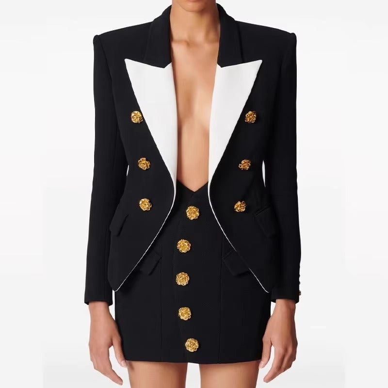 Casual Lapel Double-Breasted Contrast Color Metal Rose Button Slim Suit Mssza