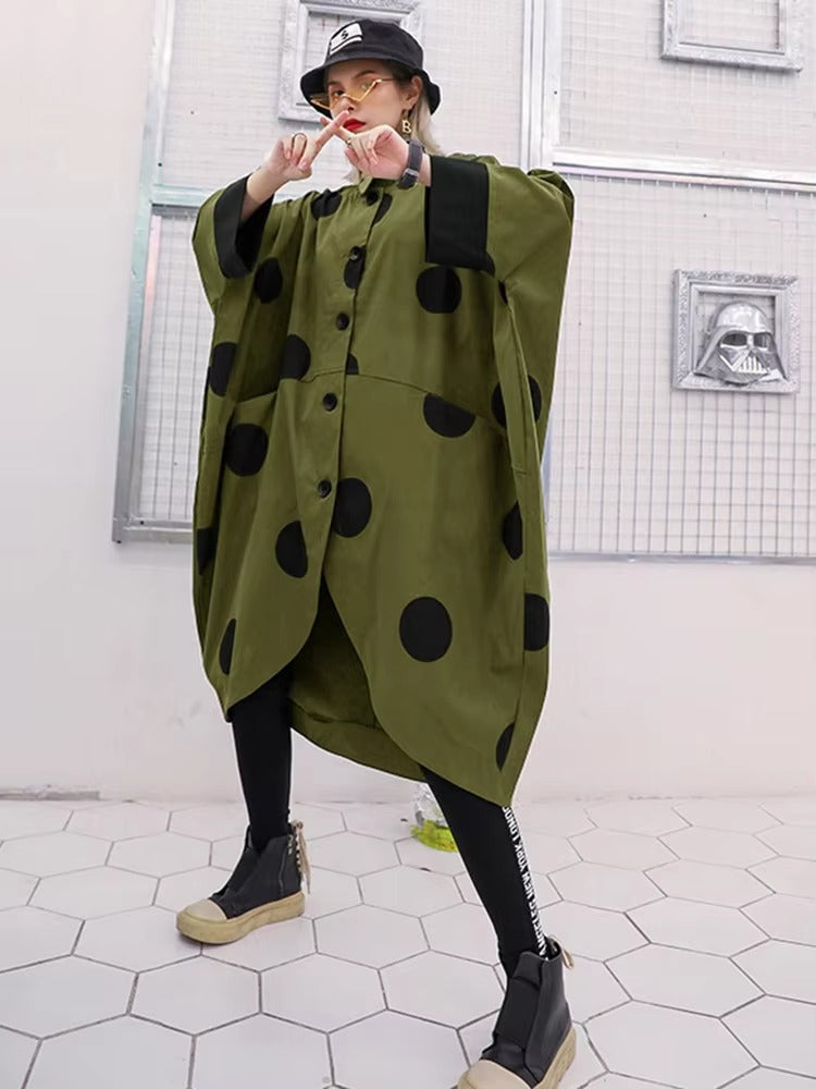 Casual Lapel Long Batwing Sleeve Dot Big Size Trench Tide Top Mssza