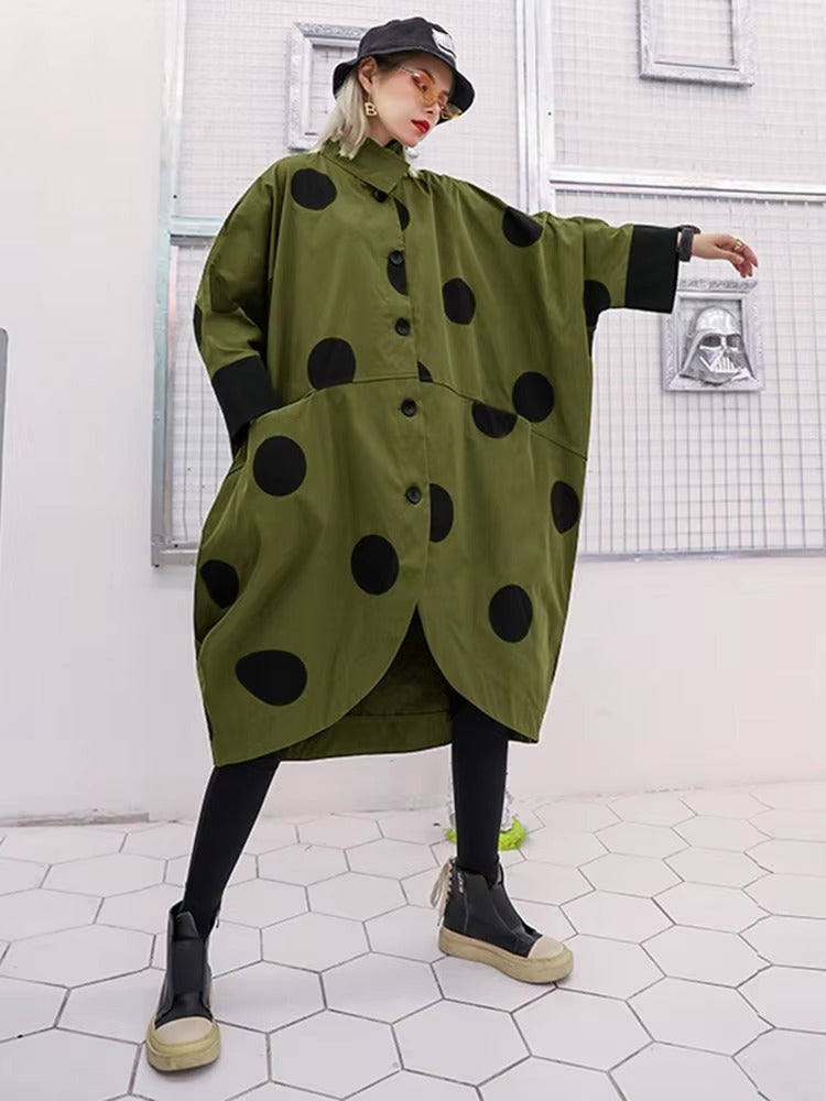 Casual Lapel Long Batwing Sleeve Dot Big Size Trench Tide Top Mssza