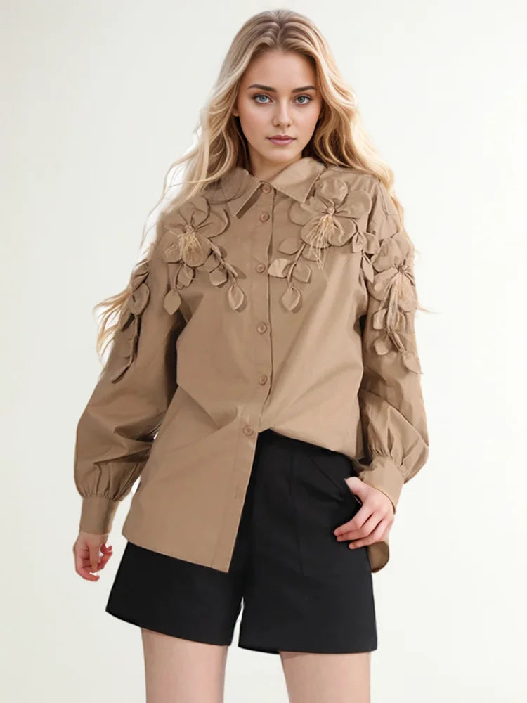 Casual Lapel Long Sleeve Spliced Appliques Solid Patchwork Feathers Loose Shirts Mssza