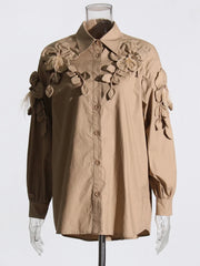 Casual Lapel Long Sleeve Spliced Appliques Solid Patchwork Feathers Loose Shirts Mssza