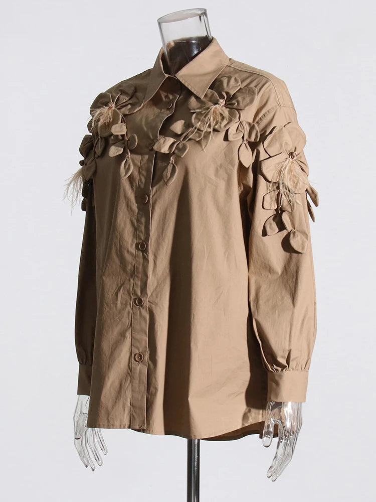 Casual Lapel Long Sleeve Spliced Appliques Solid Patchwork Feathers Loose Shirts Mssza