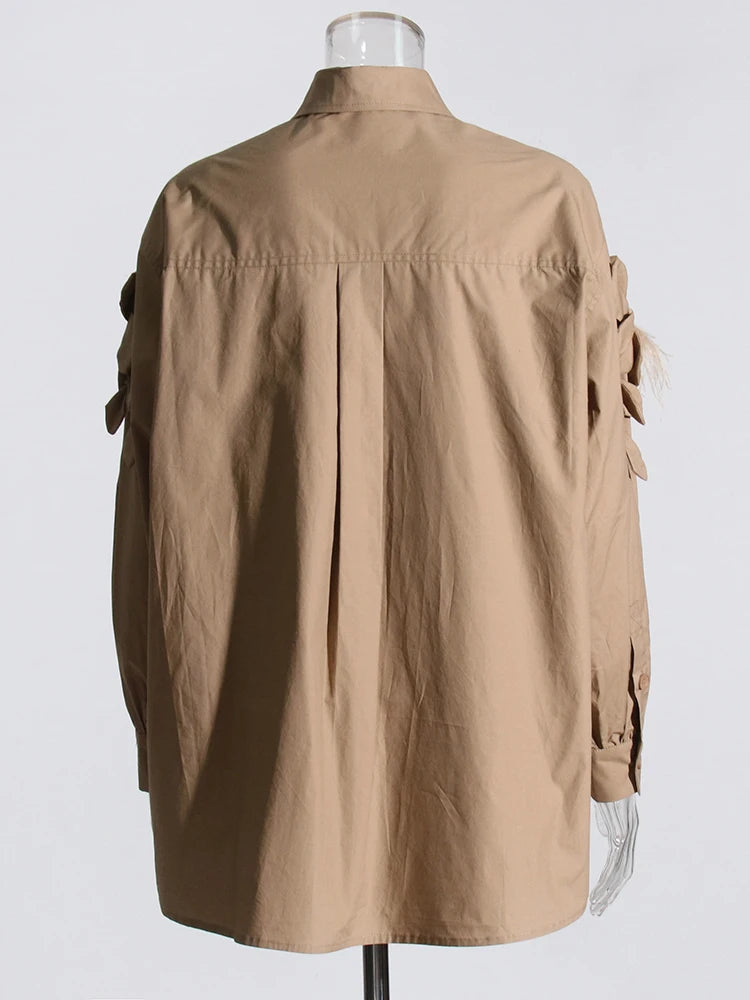 Casual Lapel Long Sleeve Spliced Appliques Solid Patchwork Feathers Loose Shirts Mssza