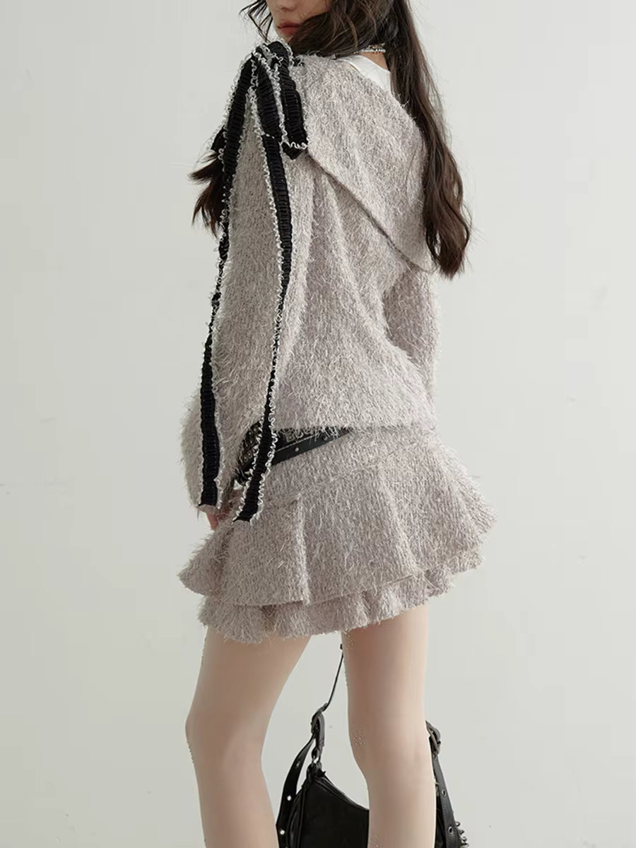 Casual Lapel Long Sleeve Spliced Lace Up Coat High Waist Loose Skirts Two Piece Set Mssza