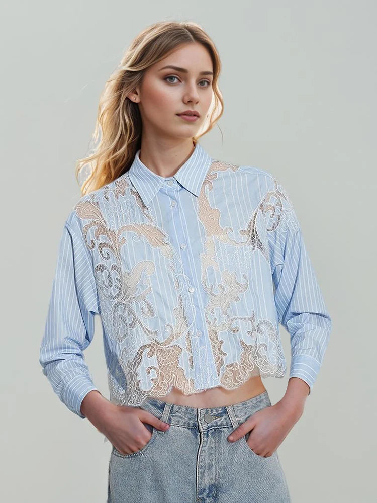 Casual Lapel Long Sleeve Spliced Striped Patchwork Lace Short Blouses Shirt Mssza