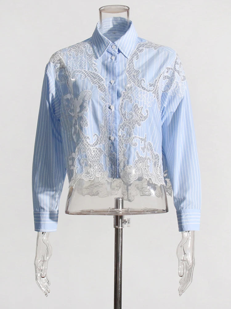 Casual Lapel Long Sleeve Spliced Striped Patchwork Lace Short Blouses Shirt Mssza